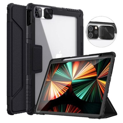 Nillkin Case for Apple iPad Pro 12.9" Inch 2020 / 2021 / 2022 Bumper Pro Leather Camera Slider Camshield Protect Stand Smart Wake & Sleep Pencil Holder Black